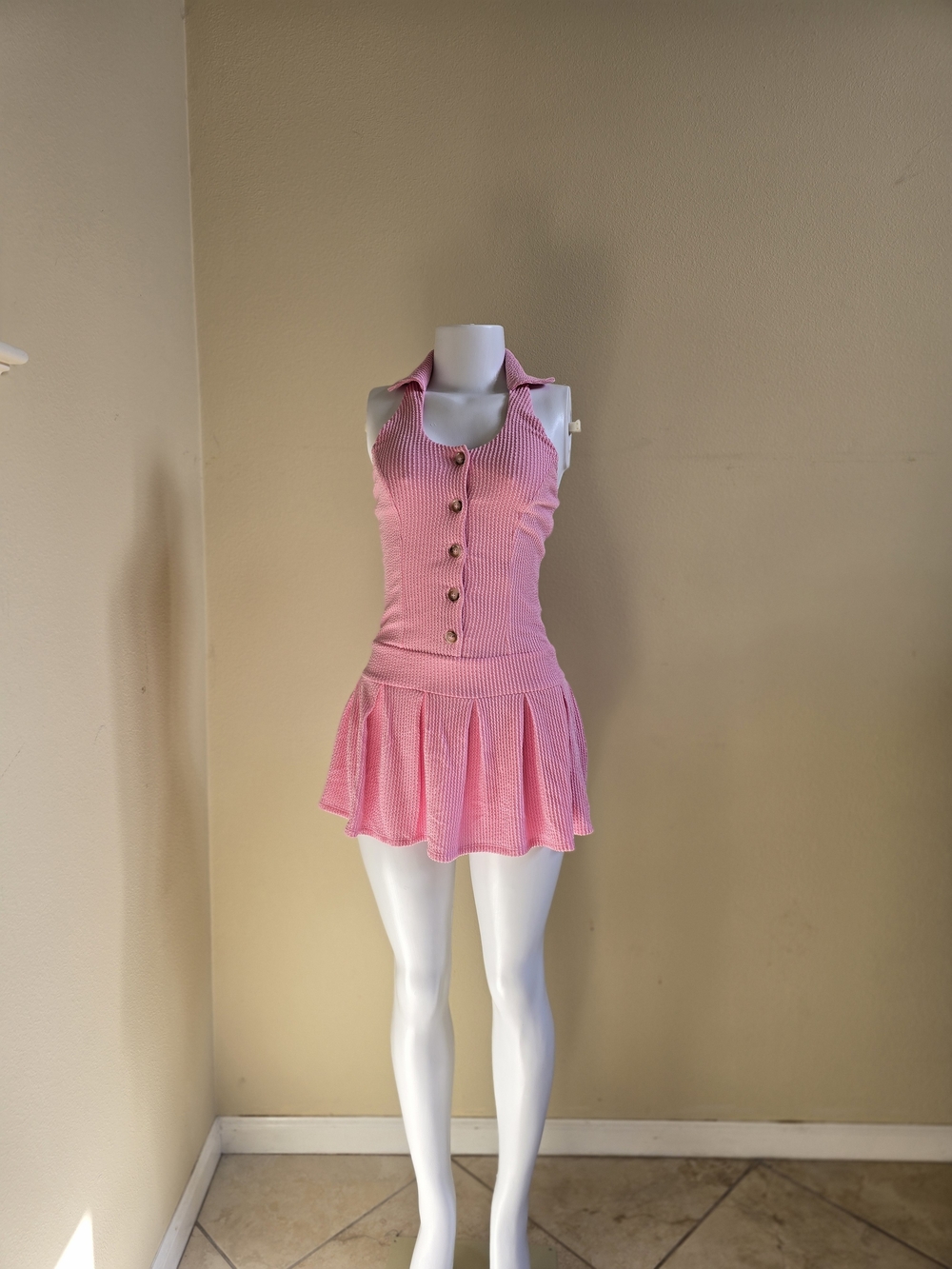Brand New!Women's Pink Knit Button Halter Mini Dress - Picture 6 of 8